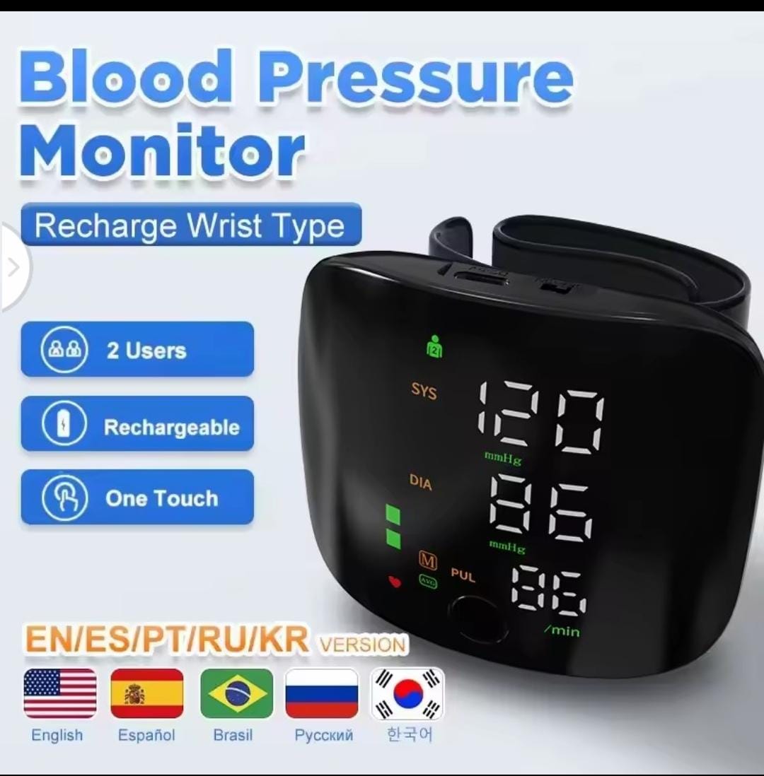 Rechargeable wrist blood pressure monitor with voice