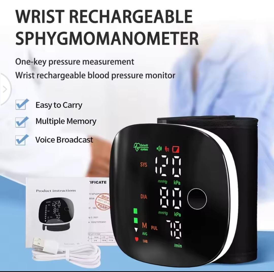 Rechargeable wrist blood pressure monitor with voice