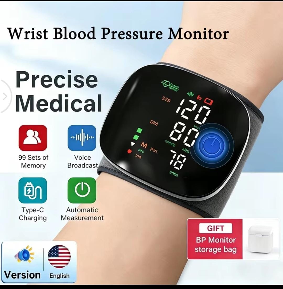 Rechargeable wrist blood pressure monitor with voice