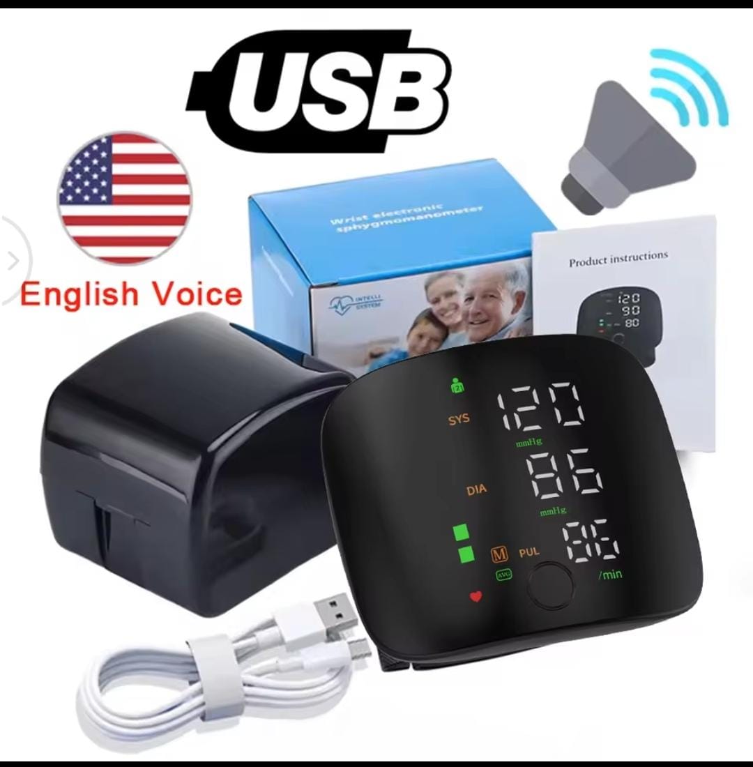 Rechargeable wrist blood pressure monitor with voice